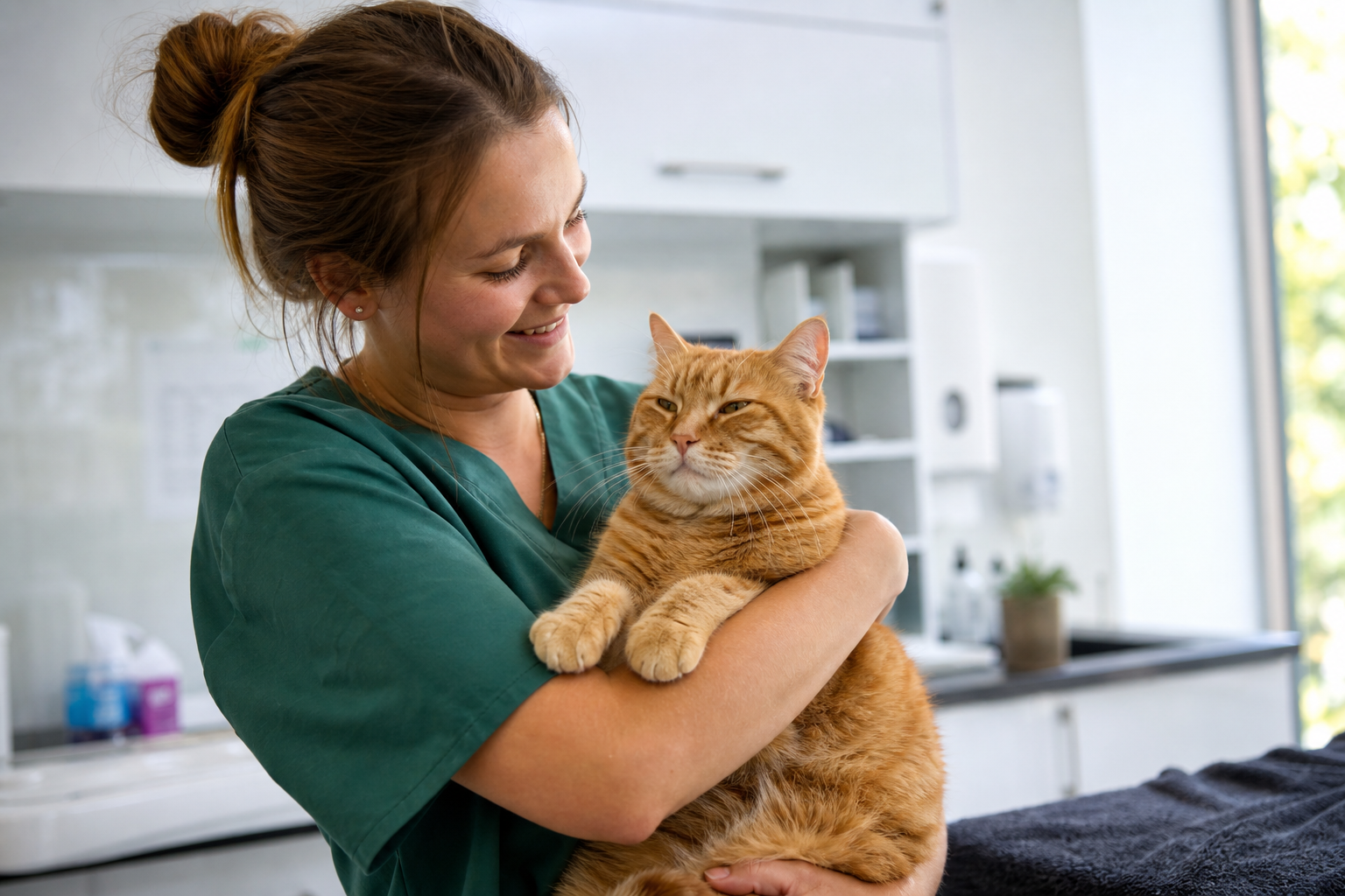 A vet nurse gently holding a relaxed cat