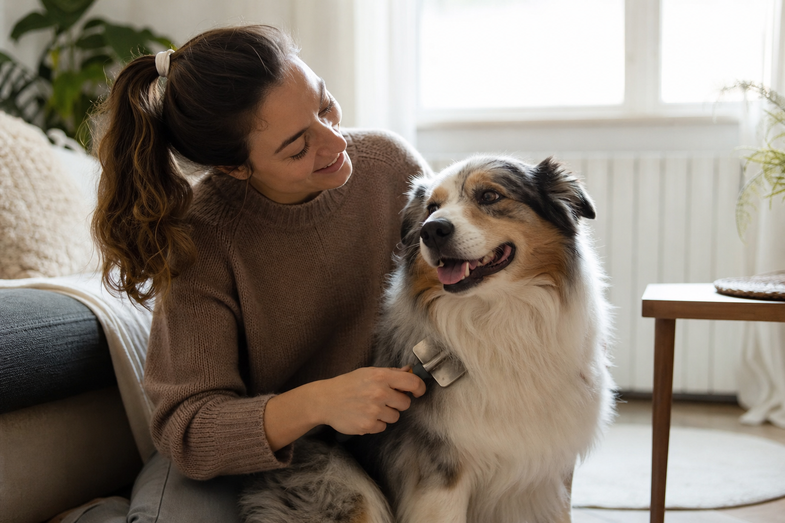 A person gently caring for a healthy dog