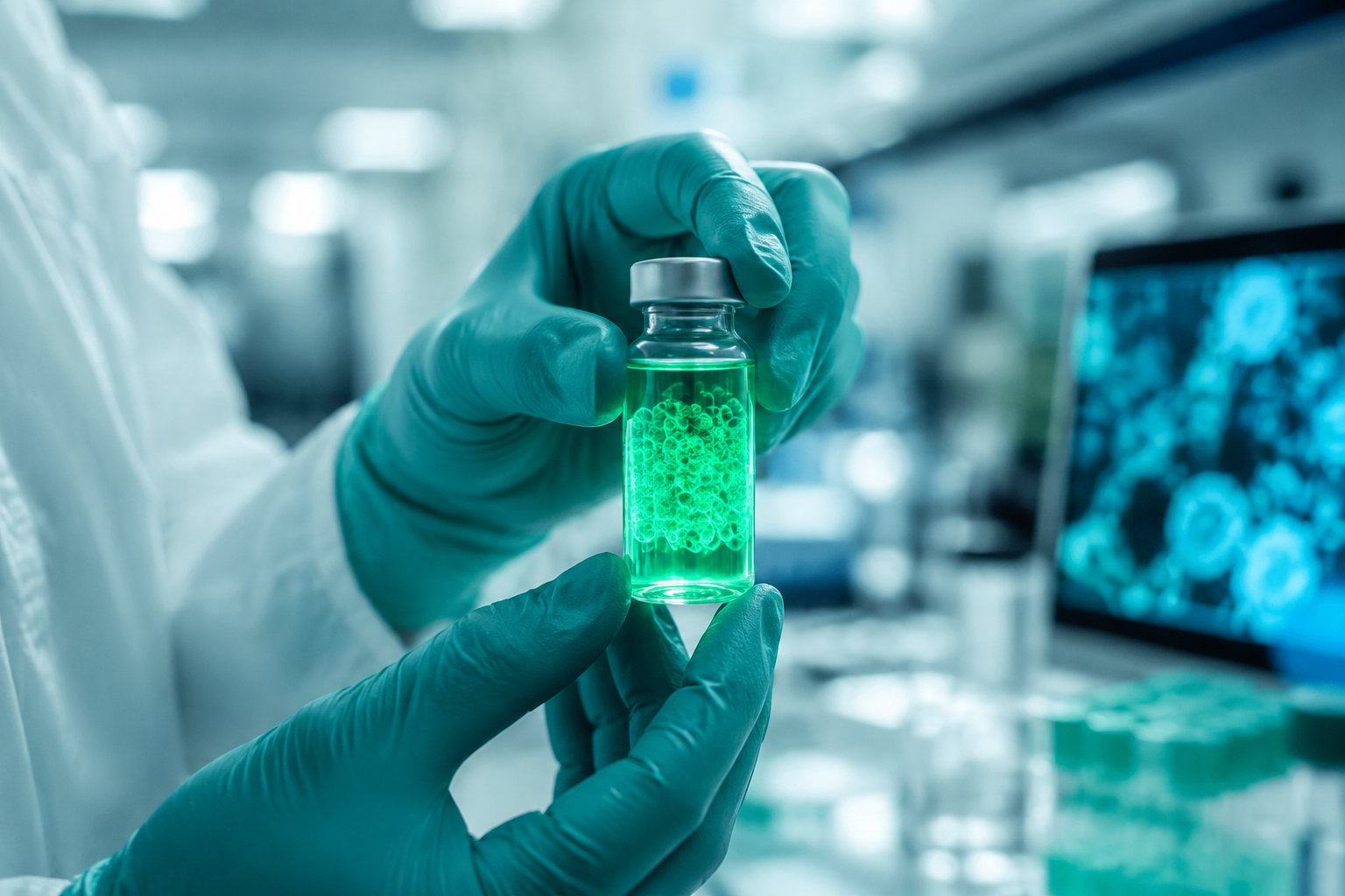 A scientist holding a vial of activated CuraCell stem cells in the lab