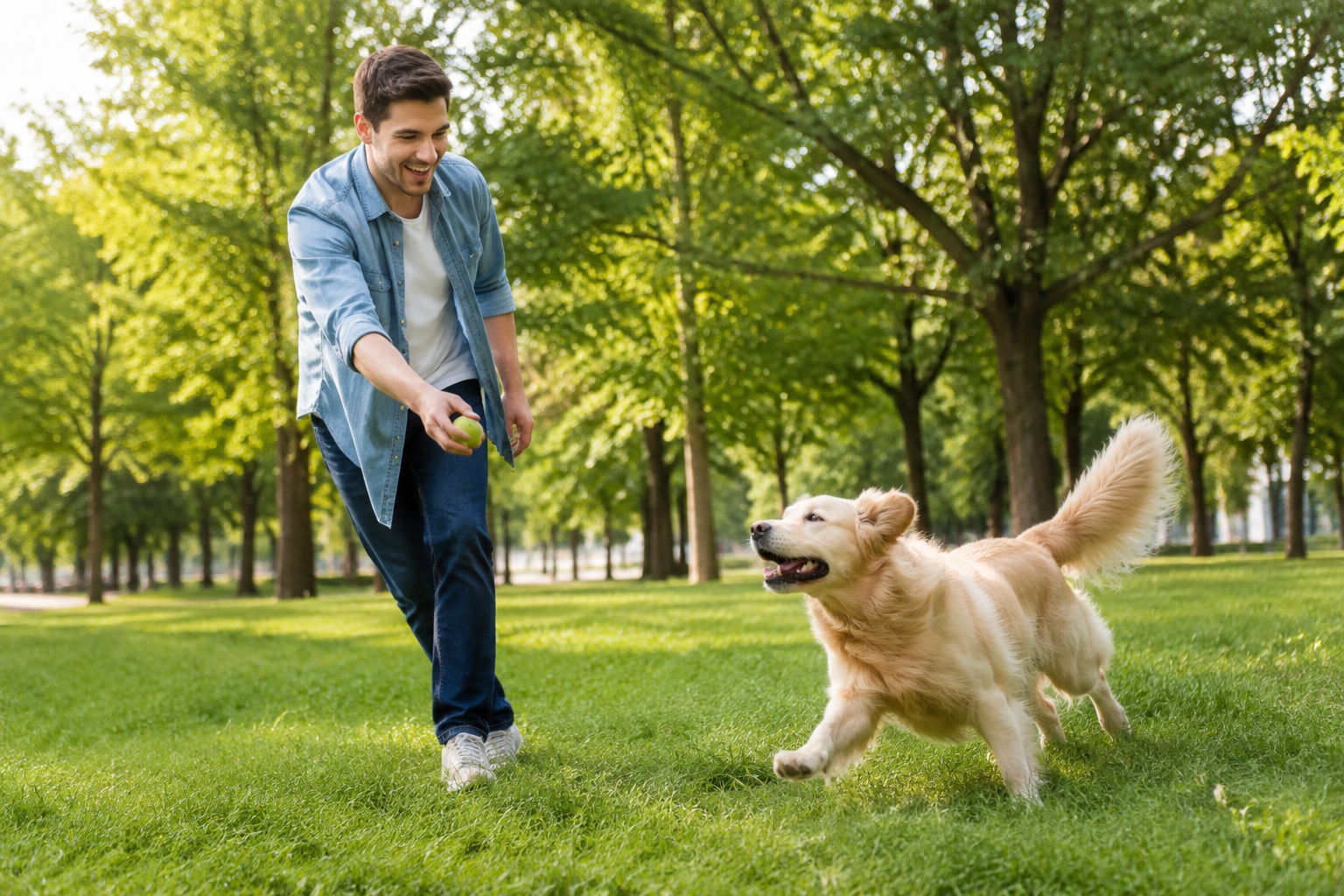 An owner playing with their dog in the park