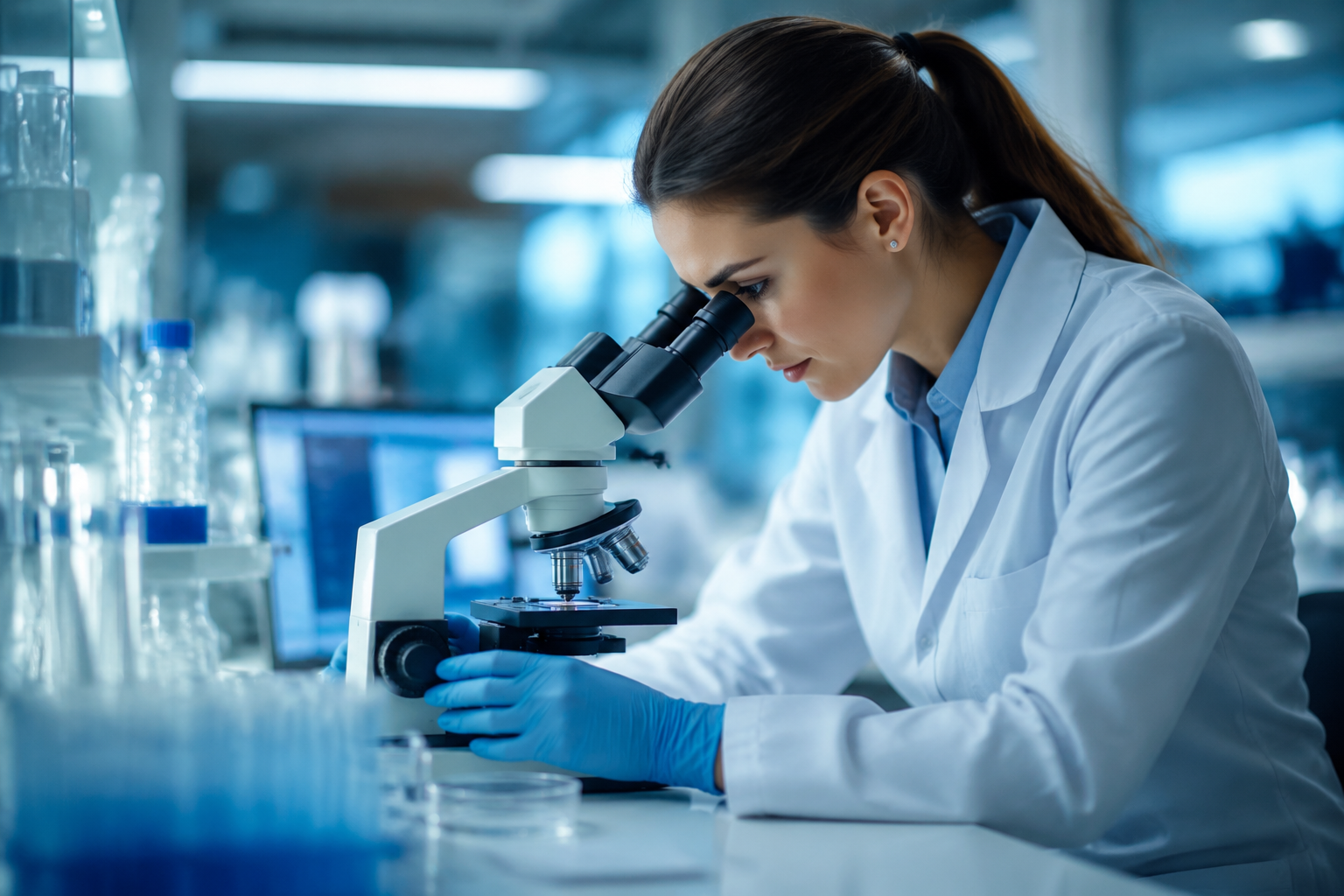 A researcher examining cell samples under a microscope