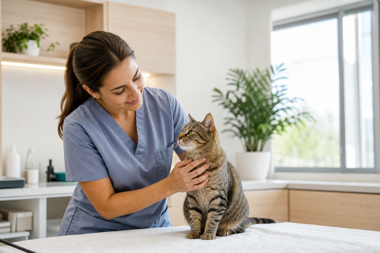 A gentle vet examining a calm cat